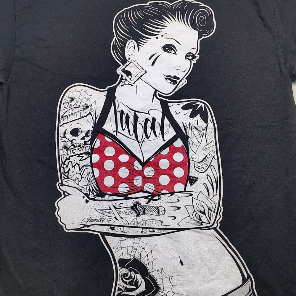 Vtg Fatal Clothing Graphic T Shirt Men‎ Size M Tattoo Pin Up Girl Print Black